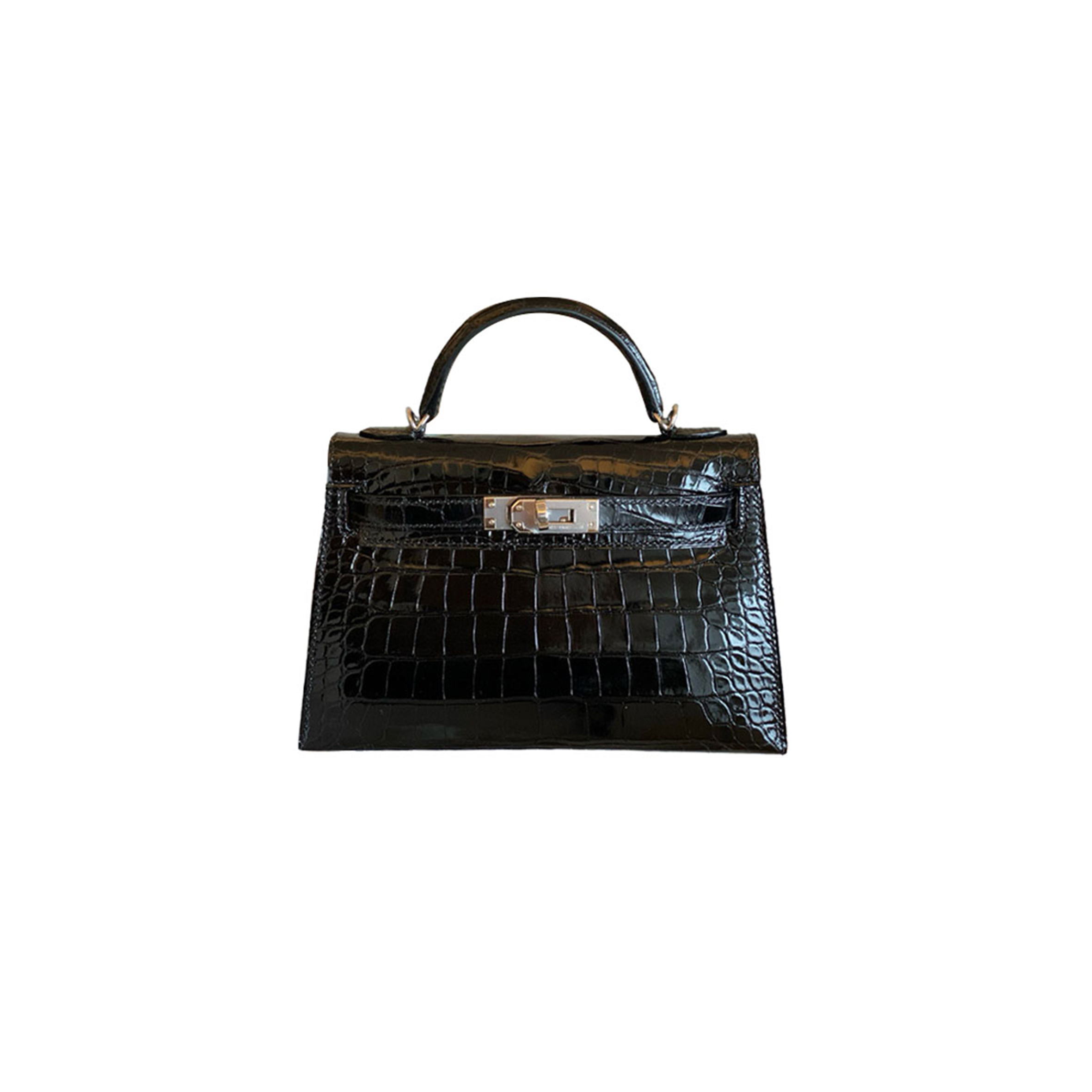 H**mes master kelly mini ii bag noir shiny alligator with palladium hardware (19*12*5.5cm)